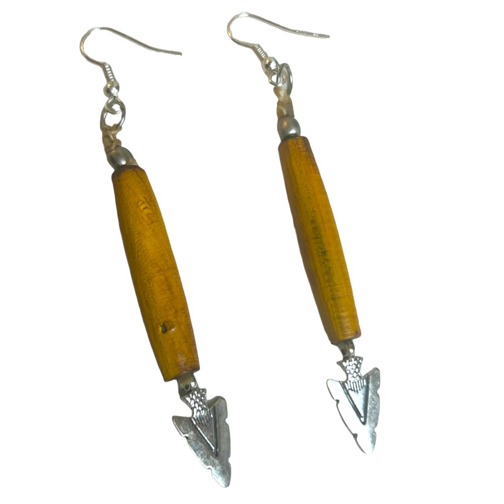 Native American Horn Bead Earrings Brown Silver Tone Arrowheads Dangle Hairpipe